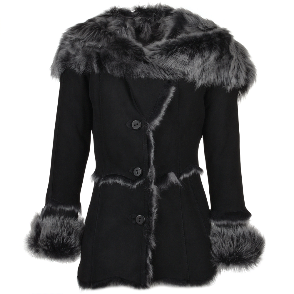 Toscana Long Haired Shearling Jacket With Large Hood Black: KB 32 HOODED