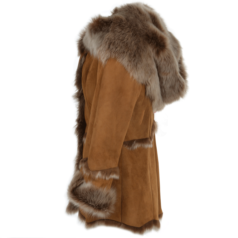 Toscana Longhaired Shearling Jacket With Large Hood Tan: KB 32 HOODED