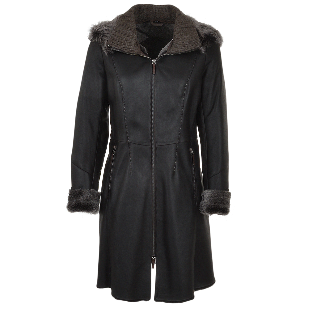 3/4 Hooded Toscana Sheepskin Coat  Brown: B-5689