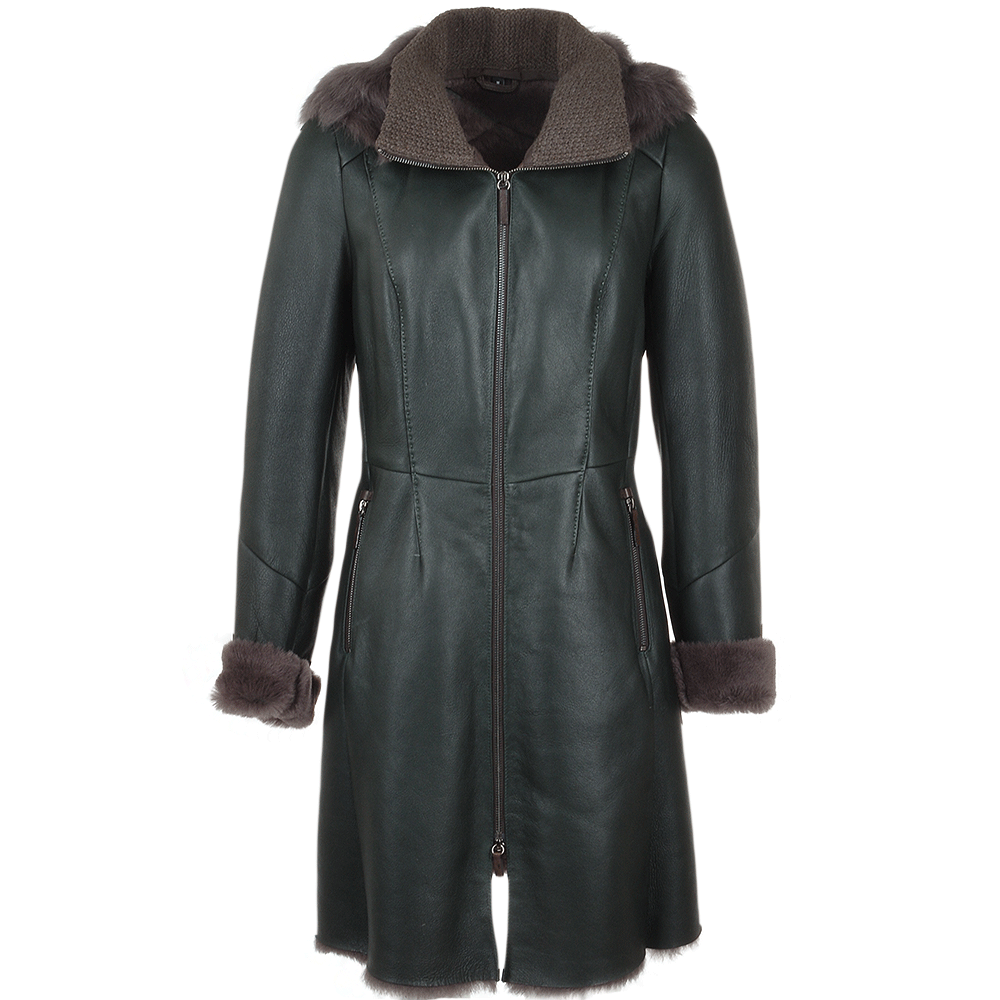 3/4 Hooded Toscana Sheepskin Coat Green: B-5689