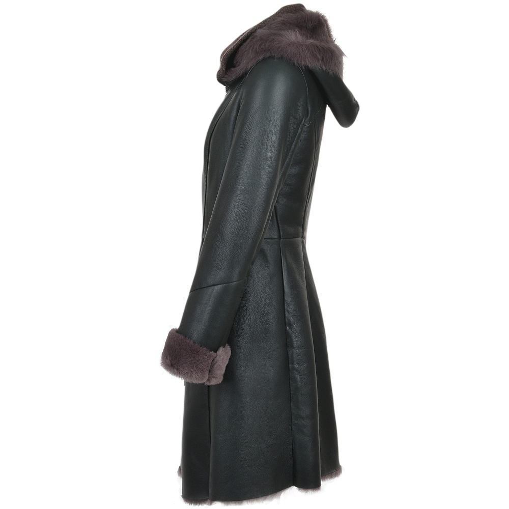 3/4 Hooded Toscana Sheepskin Coat Green: B-5689
