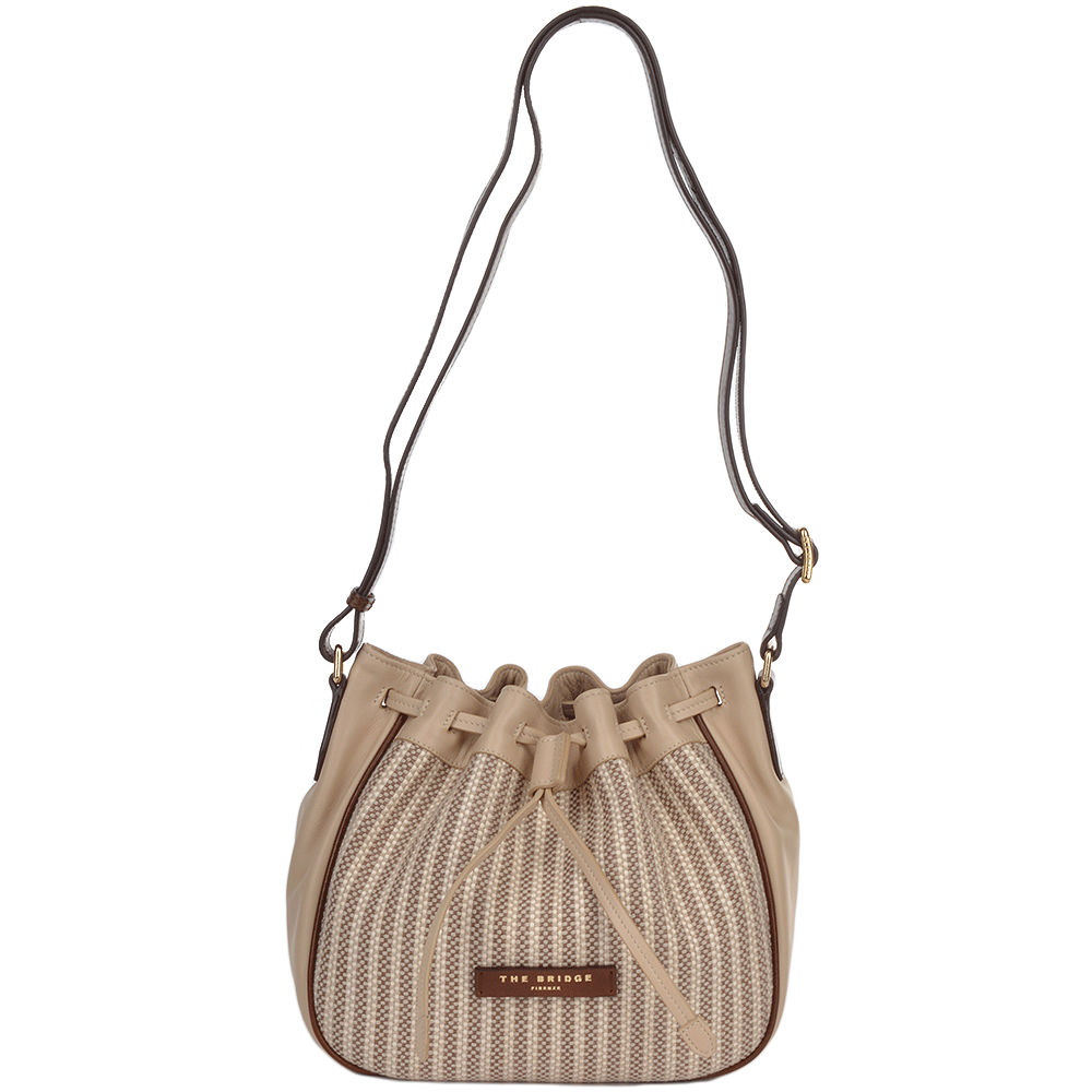 Small Italian Leather and Woven Material Drawstring Bucket Bag Straw Brown : 041417 3T 3B NH