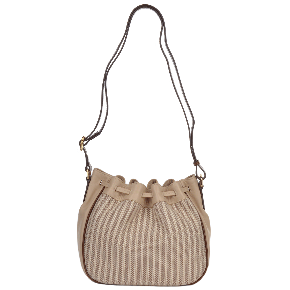 Small Italian Leather and Woven Material Drawstring Bucket Bag Straw Brown : 041417 3T 3B NH