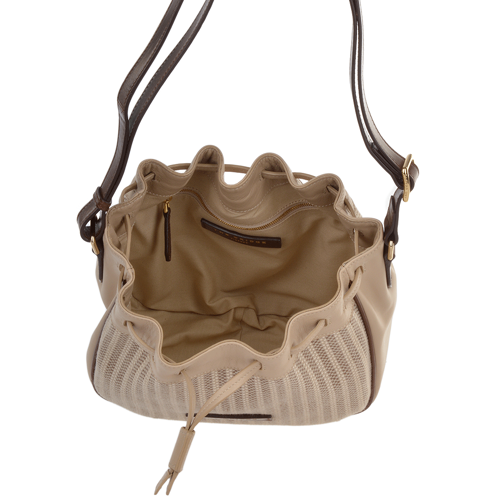 Small Italian Leather and Woven Material Drawstring Bucket Bag Straw Brown : 041417 3T 3B NH
