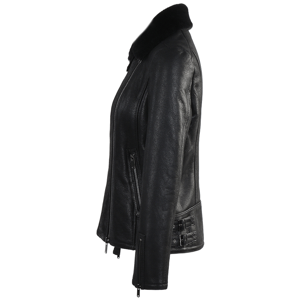 Side Zip Biker Sheepskin Pilot Jacket Black: KB-693