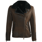 Side Zip Biker Sheepskin Pilot Jacket Taba Crack/blk: KB-693