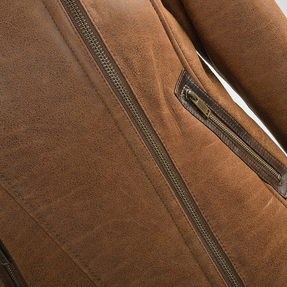 Side Zip Biker Sheepskin Pilot Jacket Whiskey/cream: KB-693