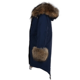 Hooded Toscana Tipped Fur Parka With Detachable Fur Trim Lining Blue/brown: 9702 R