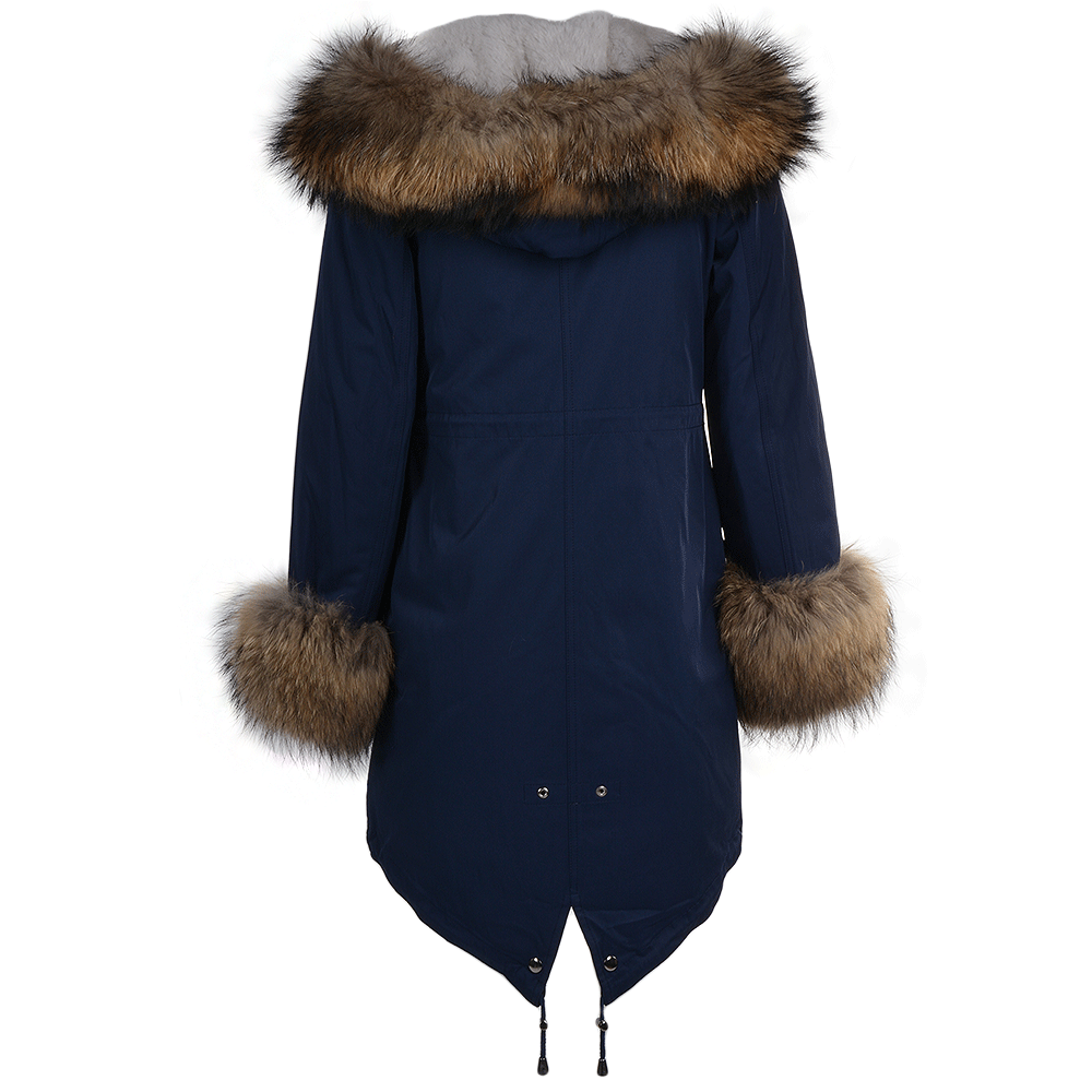 Hooded Toscana Tipped Fur Parka With Detachable Fur Trim Lining Blue/brown: 9702 R