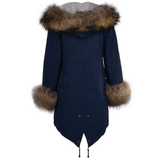 Hooded Toscana Tipped Fur Parka With Detachable Fur Trim Lining Blue/brown: 9702 R