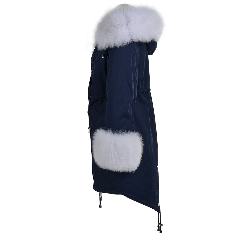 Hooded Toscana Tipped Fur Parka With Detachable Fur Trim Lining Blue/white: 9702 F