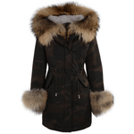 Hooded Toscana Tipped Military Parka With Detachable Fur Trim Lining Khaki Green/ brown: 9702 AR