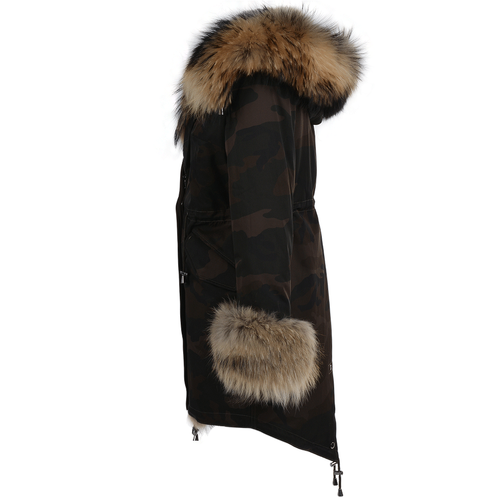 Hooded Toscana Tipped Military Parka With Detachable Fur Trim Lining Khaki Green/ brown: 9702 AR