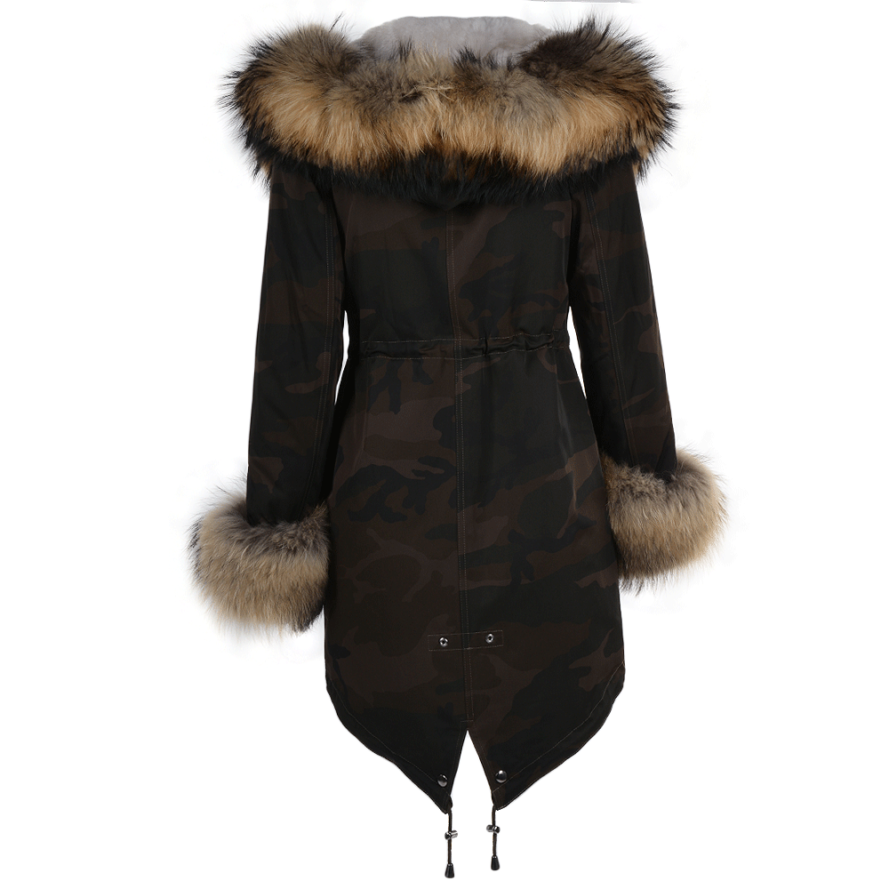 Hooded Toscana Tipped Military Parka With Detachable Fur Trim Lining Khaki Green/ brown: 9702 AR