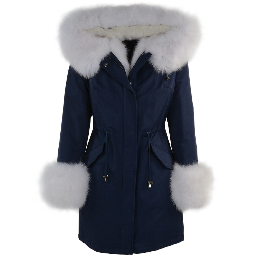 Hooded Toscana Tipped Fur Parka With Detachable Fur Trim Lining Blue/white: 9702 F