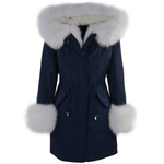 Hooded Toscana Tipped Fur Parka With Detachable Fur Trim Lining Blue/white: 9702 F