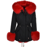 Short Hooded Toscana Tipped Fox Fur Parka  With Fur Trim Lining Black/red: 7602 F