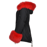 Short Hooded Toscana Tipped Fox Fur Parka  With Fur Trim Lining Black/red: 7602 F