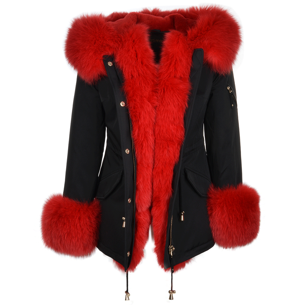 Short Hooded Toscana Tipped Fox Fur Parka  With Fur Trim Lining Black/red: 7602 F