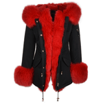 Short Hooded Toscana Tipped Fox Fur Parka  With Fur Trim Lining Black/red: 7602 F