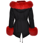 Short Hooded Toscana Tipped Fox Fur Parka  With Fur Trim Lining Black/red: 7602 F