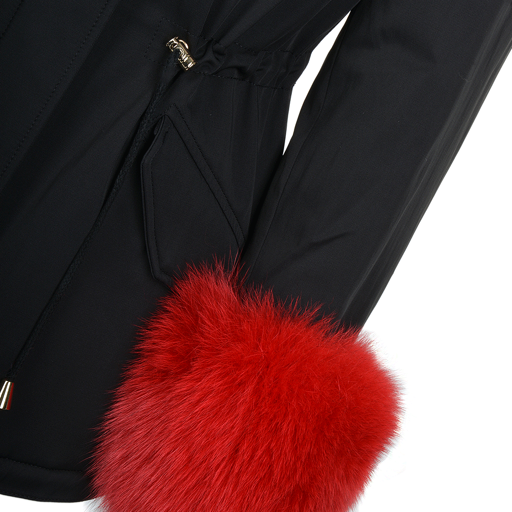 Short Hooded Toscana Tipped Fox Fur Parka  With Fur Trim Lining Black/red: 7602 F