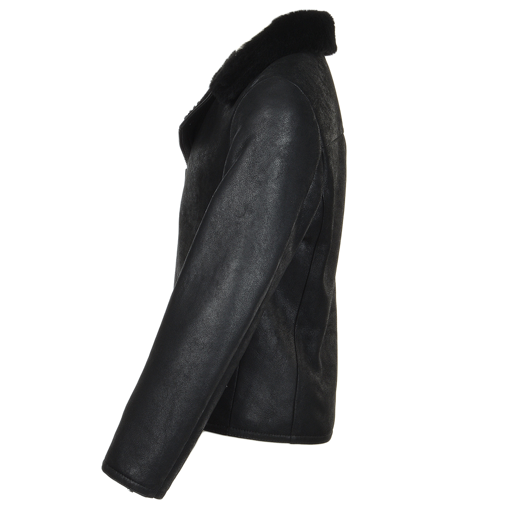 Side Zip Biker Sheepskin Pilot Jacket Black: KE-193