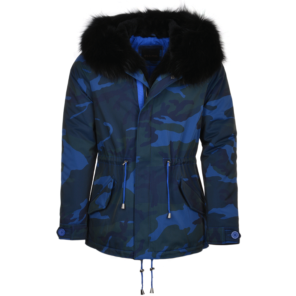 Hooded Raccoon Fur Camouflage Parka Blue/blk: E 8085 MAF