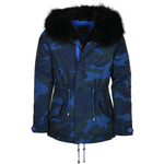 Hooded Raccoon Fur Camouflage Parka Blue/blk: E 8085 MAF