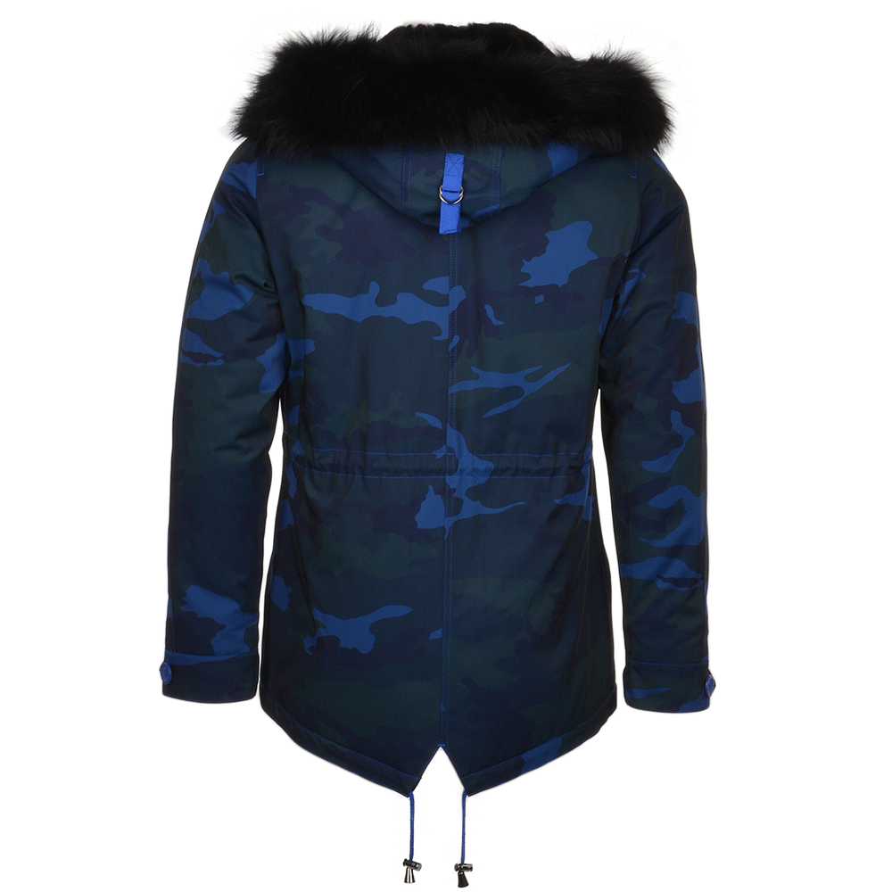 Hooded Raccoon Fur Camouflage Parka Blue/blk: E 8085 MAF