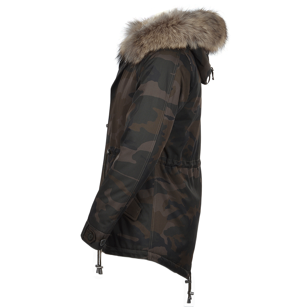 Hooded Raccoon Fur Camouflage Parka Khaki Green: E 8085 AR