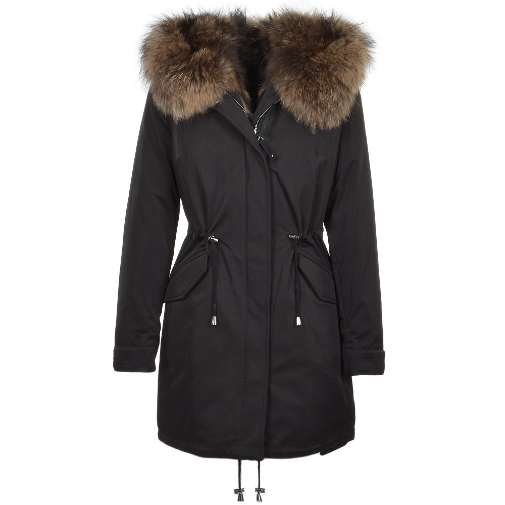 Hooded Fox Fur Parka With Detachable Raccoon Fur Trim Lining Black: 9703 R