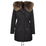 Hooded Fox Fur Parka With Detachable Raccoon Fur Trim Lining Black: 9703 R