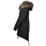 Hooded Fox Fur Parka With Detachable Raccoon Fur Trim Lining Black: 9703 R