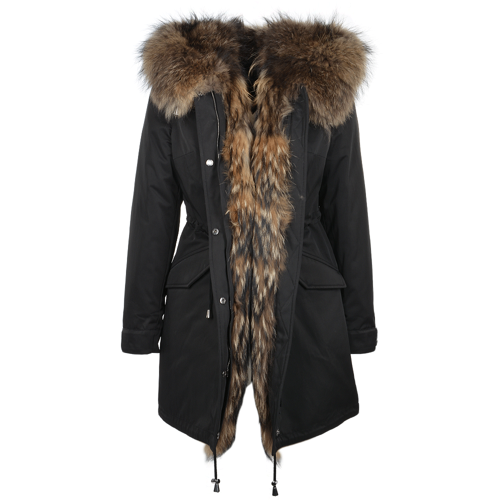 Hooded Fox Fur Parka With Detachable Raccoon Fur Trim Lining Black: 9703 R