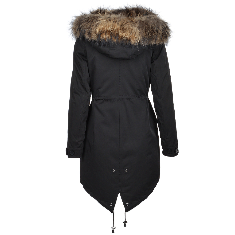 Hooded Fox Fur Parka With Detachable Raccoon Fur Trim Lining Black: 9703 R