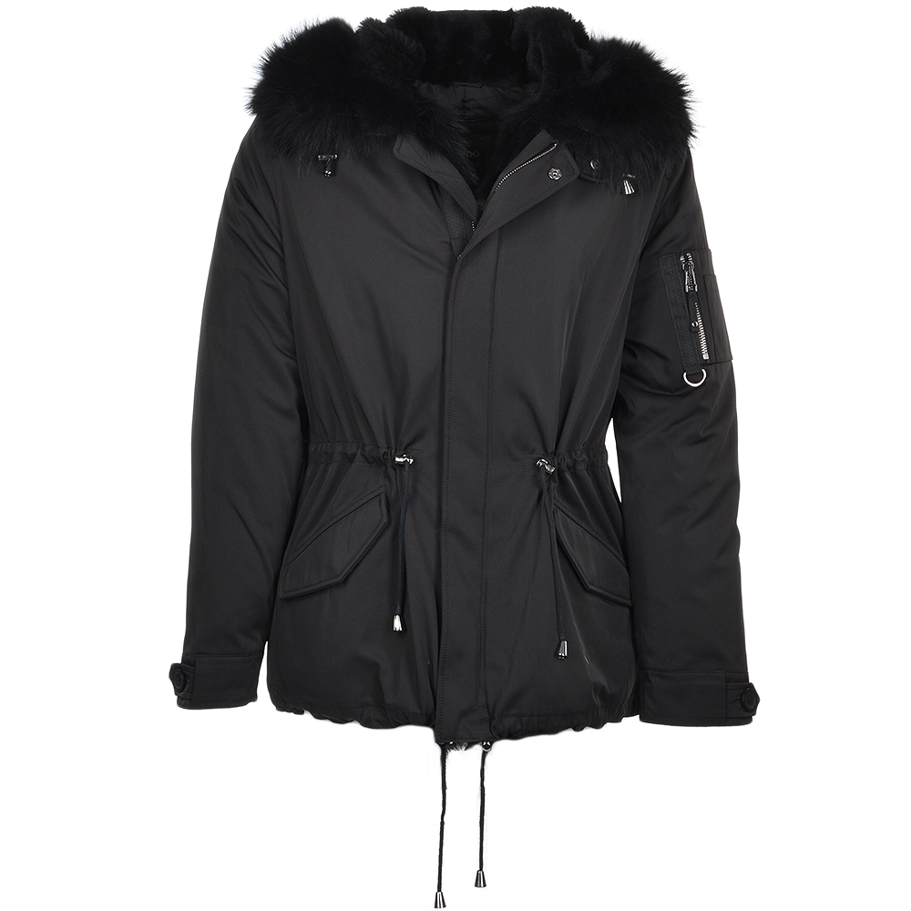 Hooded Raccoon Fur Parka With Removable Fur Trim Lining Black/blk: E 8085 ZF