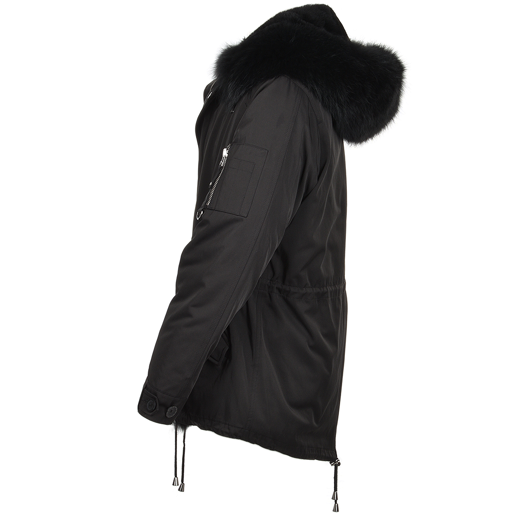Hooded Raccoon Fur Parka With Removable Fur Trim Lining Black/blk: E 8085 ZF