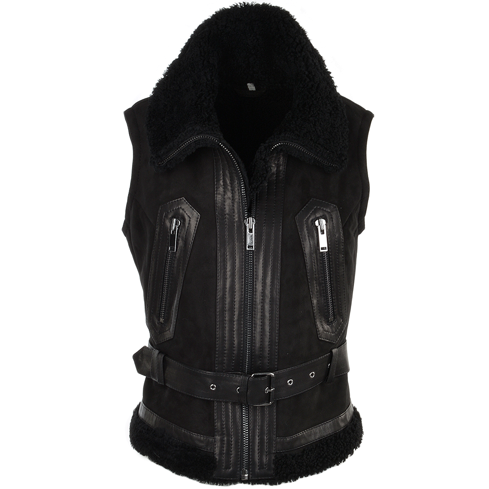 Shearling Leather and Suede Biker Gilet Black/suede: KB-451 GILLET