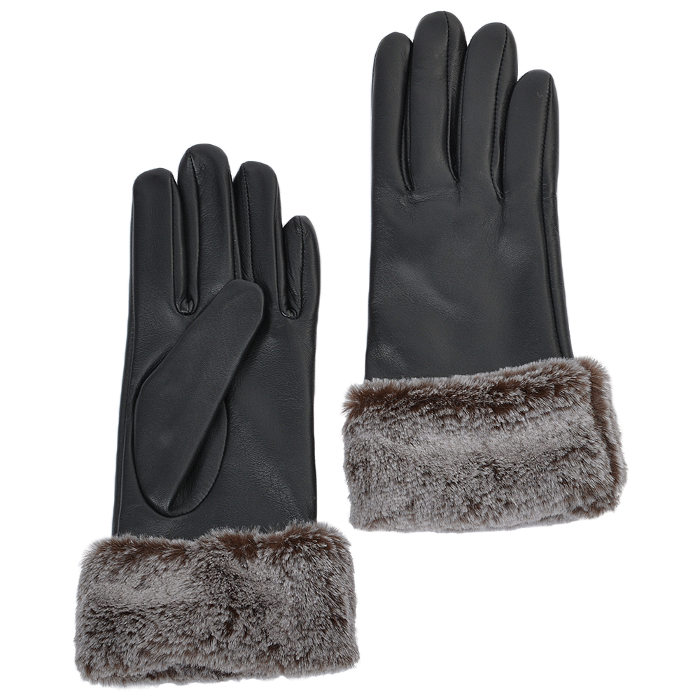 Faux Fur Tipped  Leather Gloves Black : 103-A