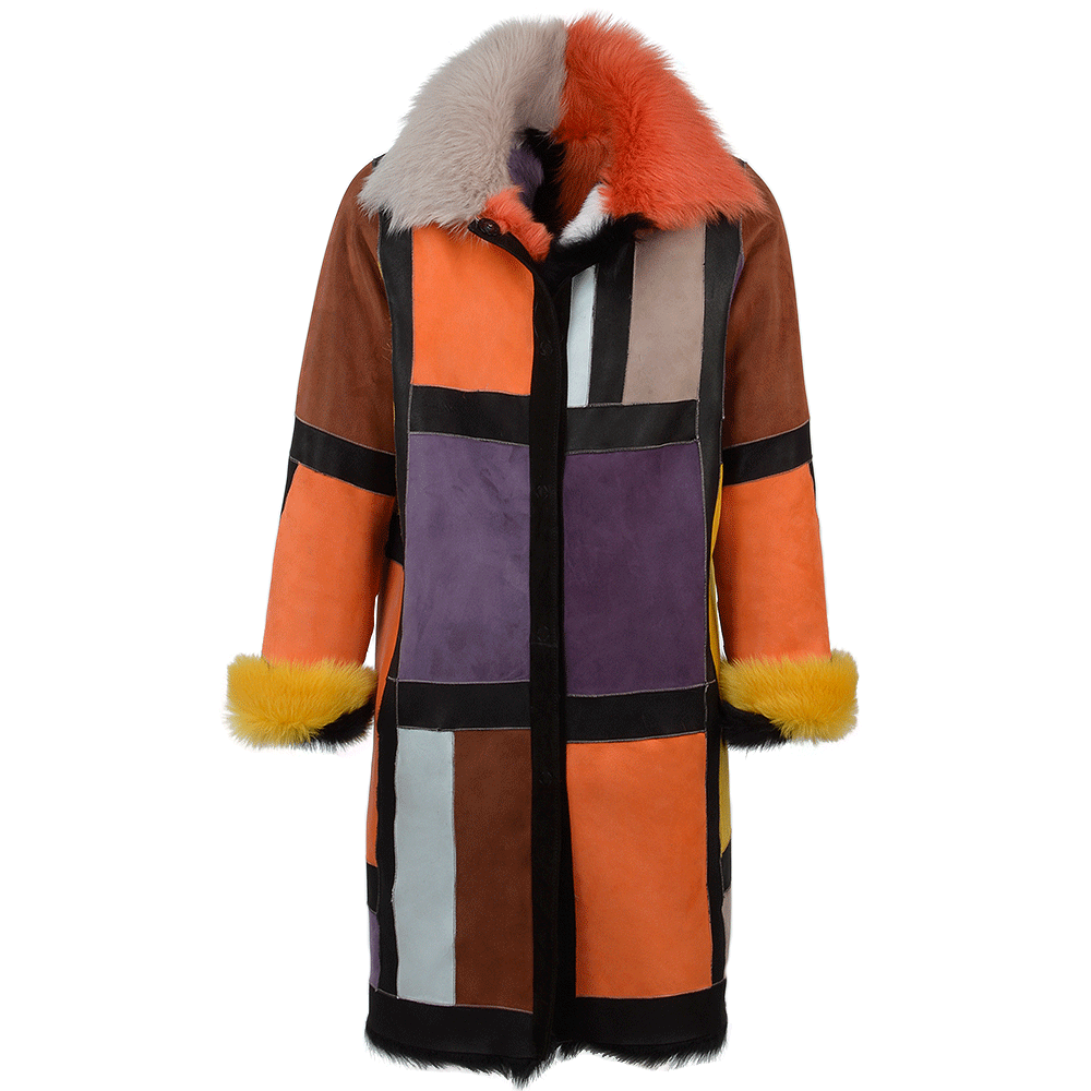 Luxury Patchwork Art Reversible Sheepskin Coat  Multi: MULTI TOSCANA