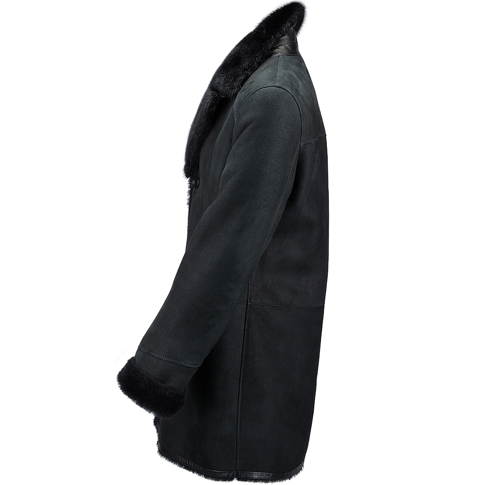 Single Breasted Sheepskin Coat With Long Haired Lapel Black: ERKEK