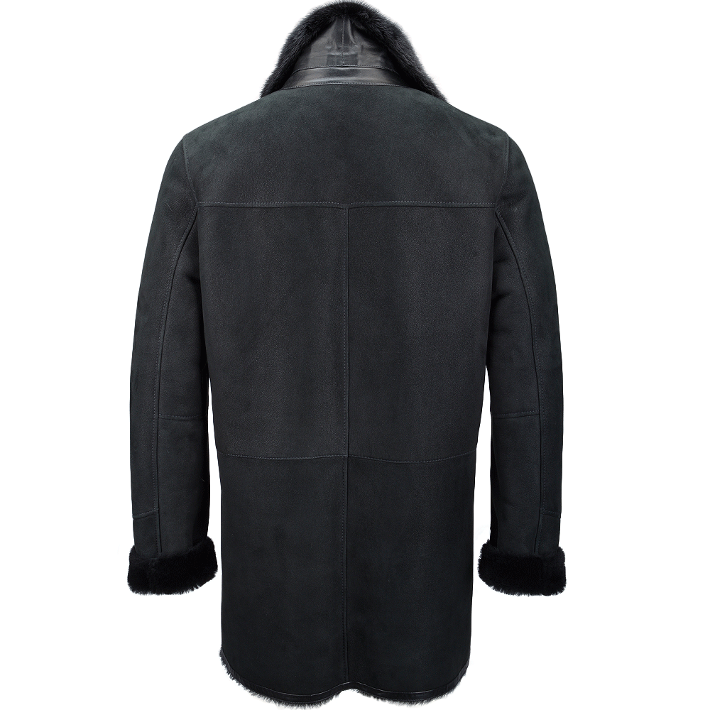 Single Breasted Sheepskin Coat With Long Haired Lapel Black: ERKEK