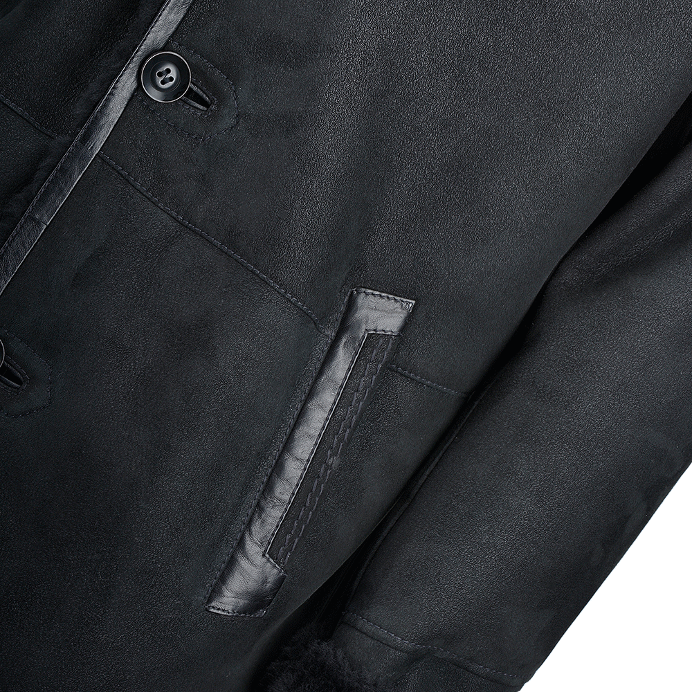 Single Breasted Sheepskin Coat With Long Haired Lapel Black: ERKEK