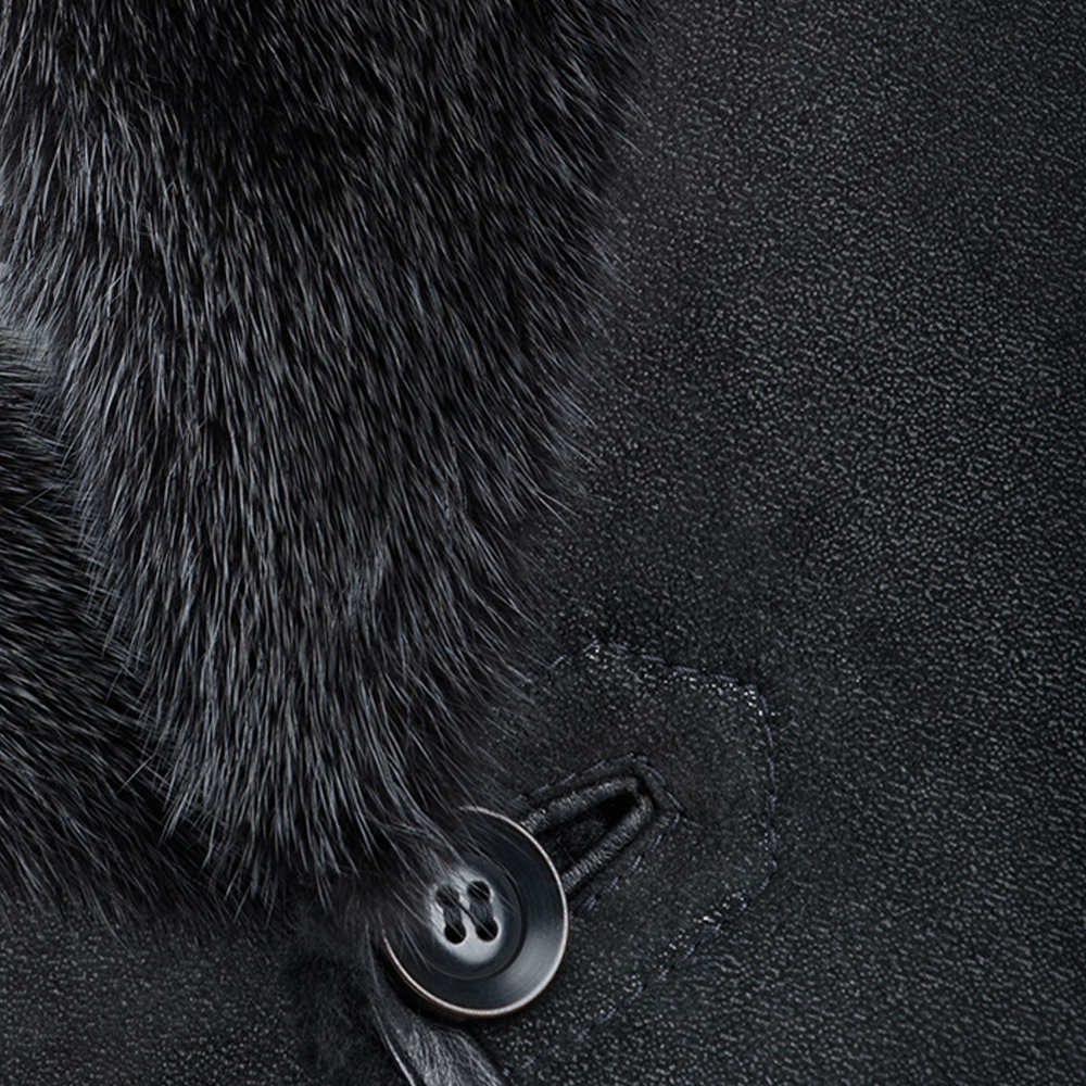 Single Breasted Sheepskin Coat With Long Haired Lapel Black: ERKEK