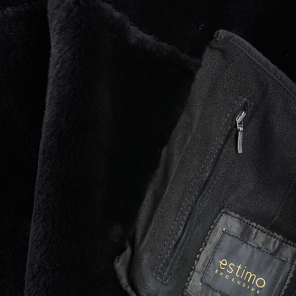 Single Breasted Sheepskin Coat With Long Haired Lapel Black: ERKEK