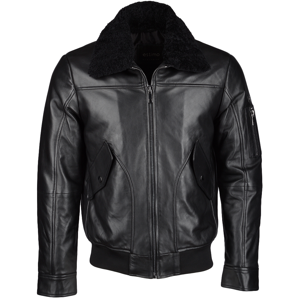Vegetable Tanned Leather Jacket With Detachable Shearling Collar Black: EM 101