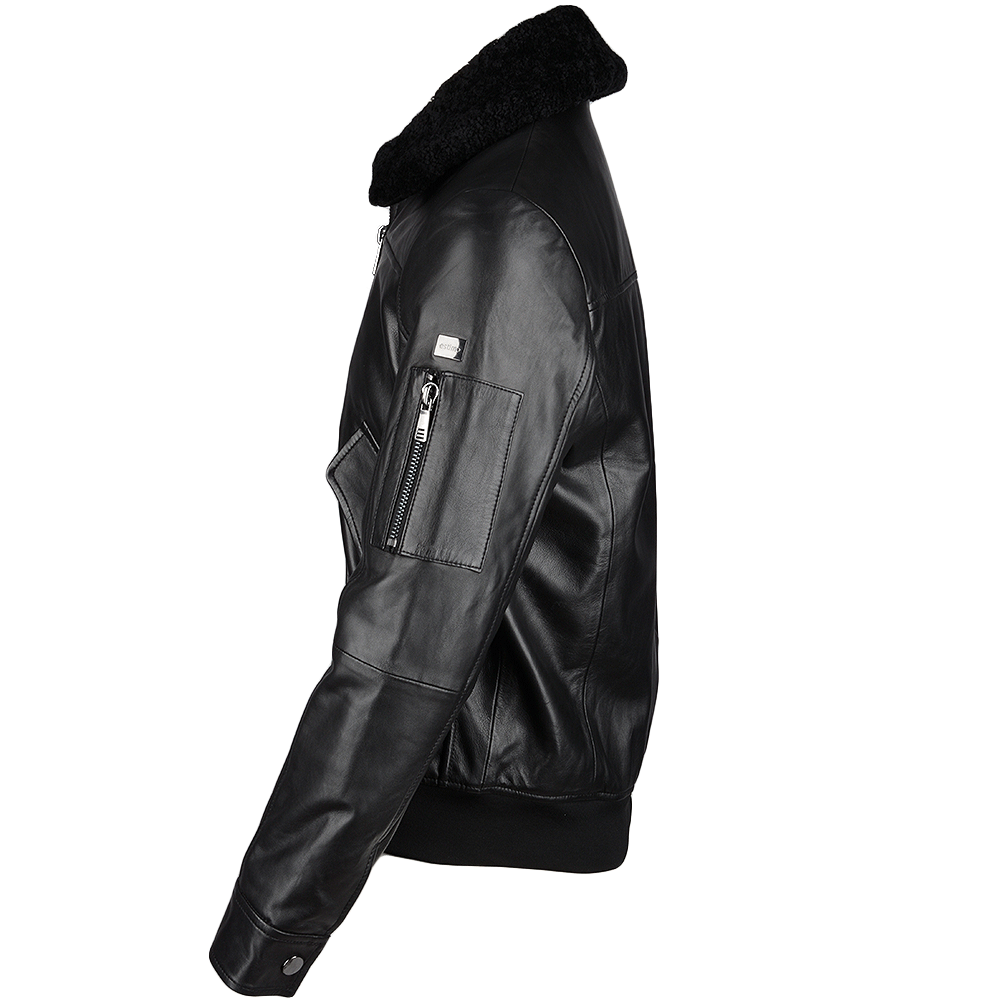 Vegetable Tanned Leather Jacket With Detachable Shearling Collar Black: EM 101
