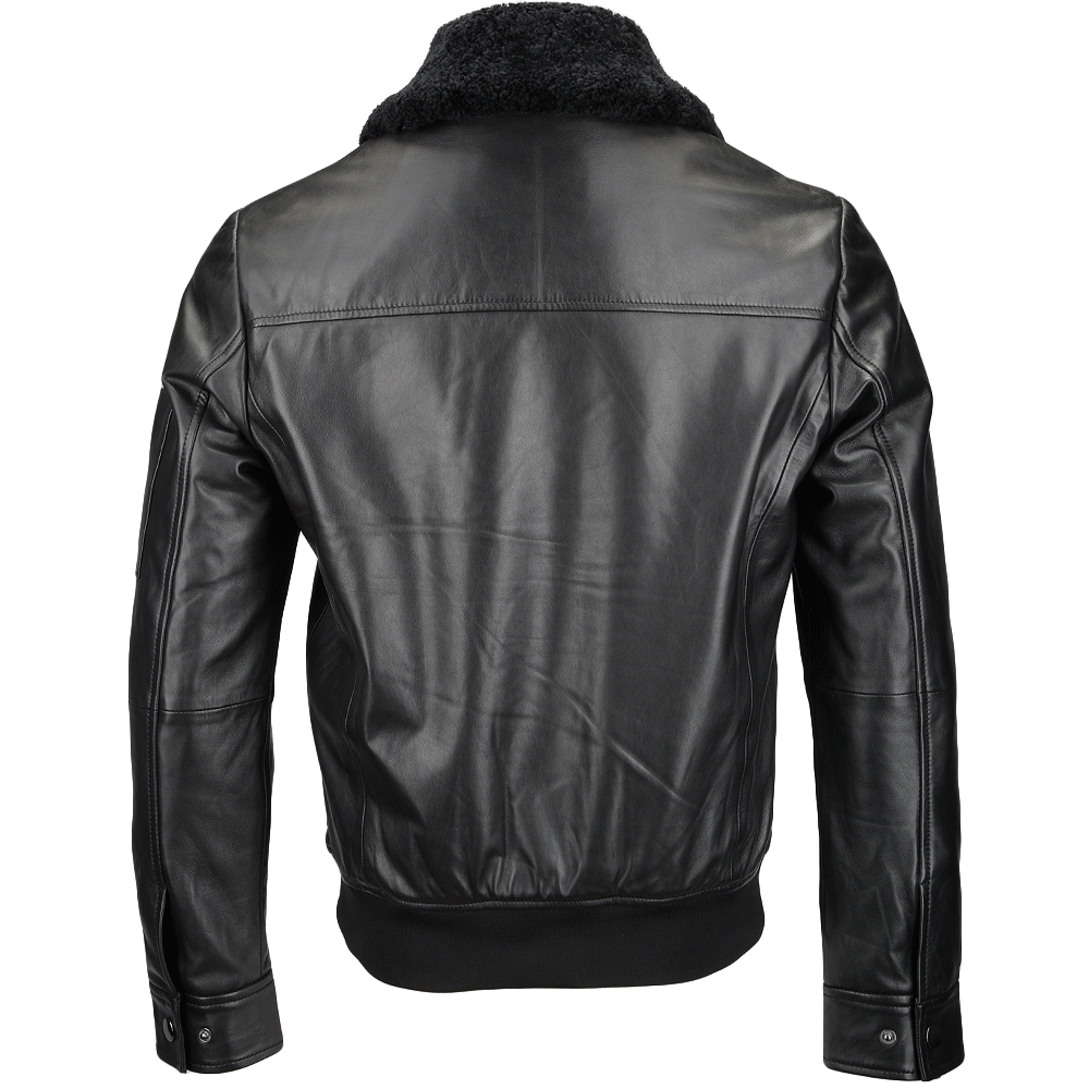 Vegetable Tanned Leather Jacket With Detachable Shearling Collar Black: EM 101