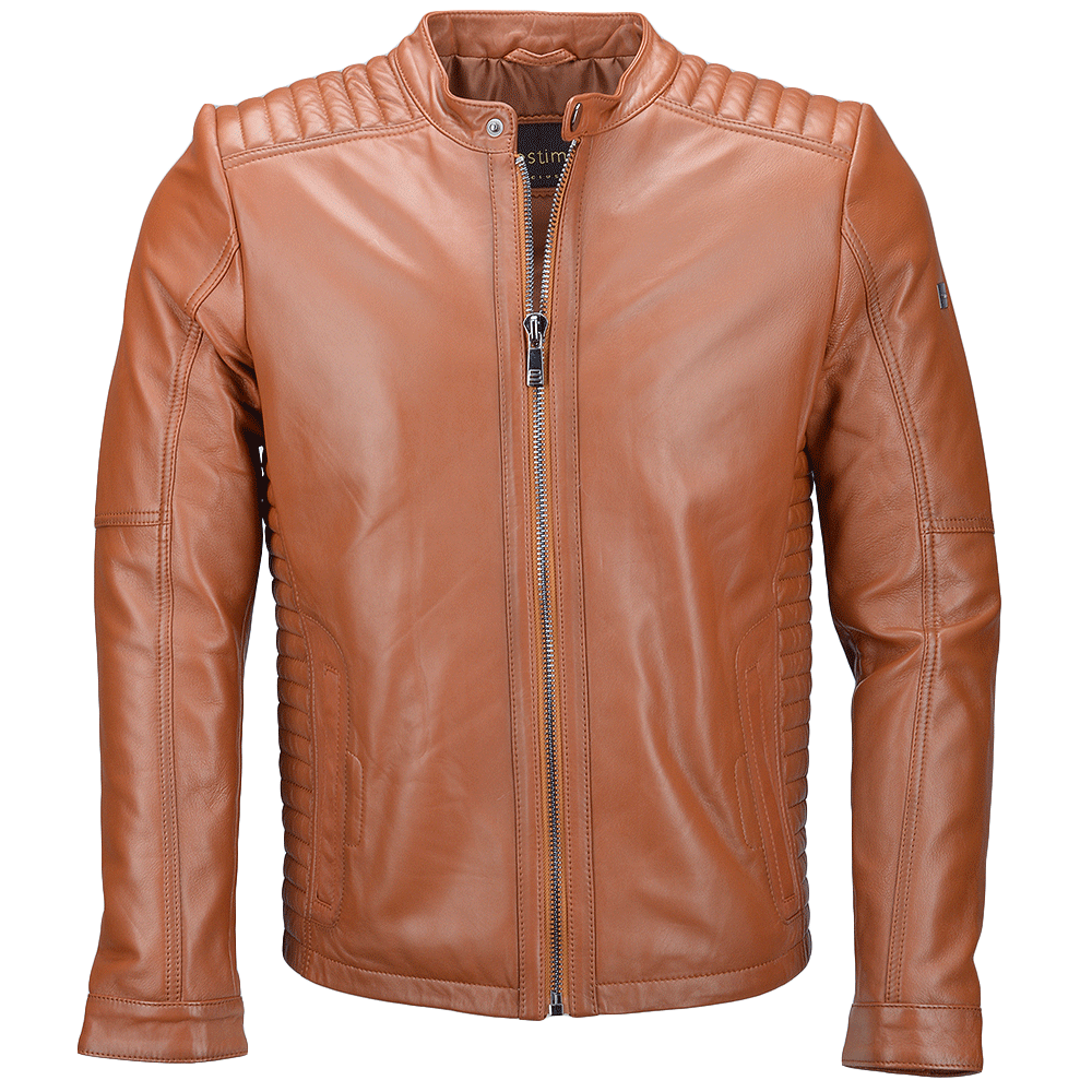 Vegetable Tanned Leather Ribbed  Biker Jacket Tan/ Nap: E16110